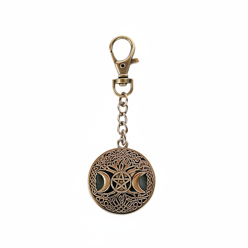 Triple Moon Keychain featuring two crescent moons and a pentagram design. Wiccan style gift for keyrings or purses. 