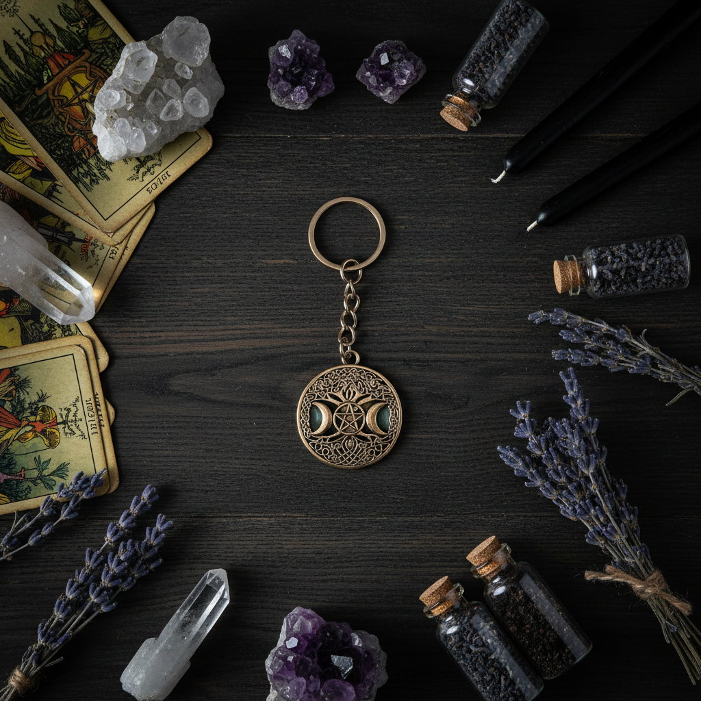 Triple Moon Keychain on table with crystals, herbs and bottles. Perfect gift for witches. 