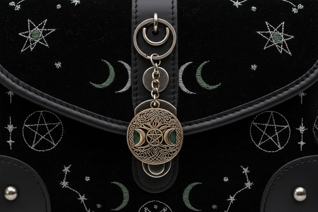 Triple Moon Keychain attached to purse witchy accessory for bags and personal style