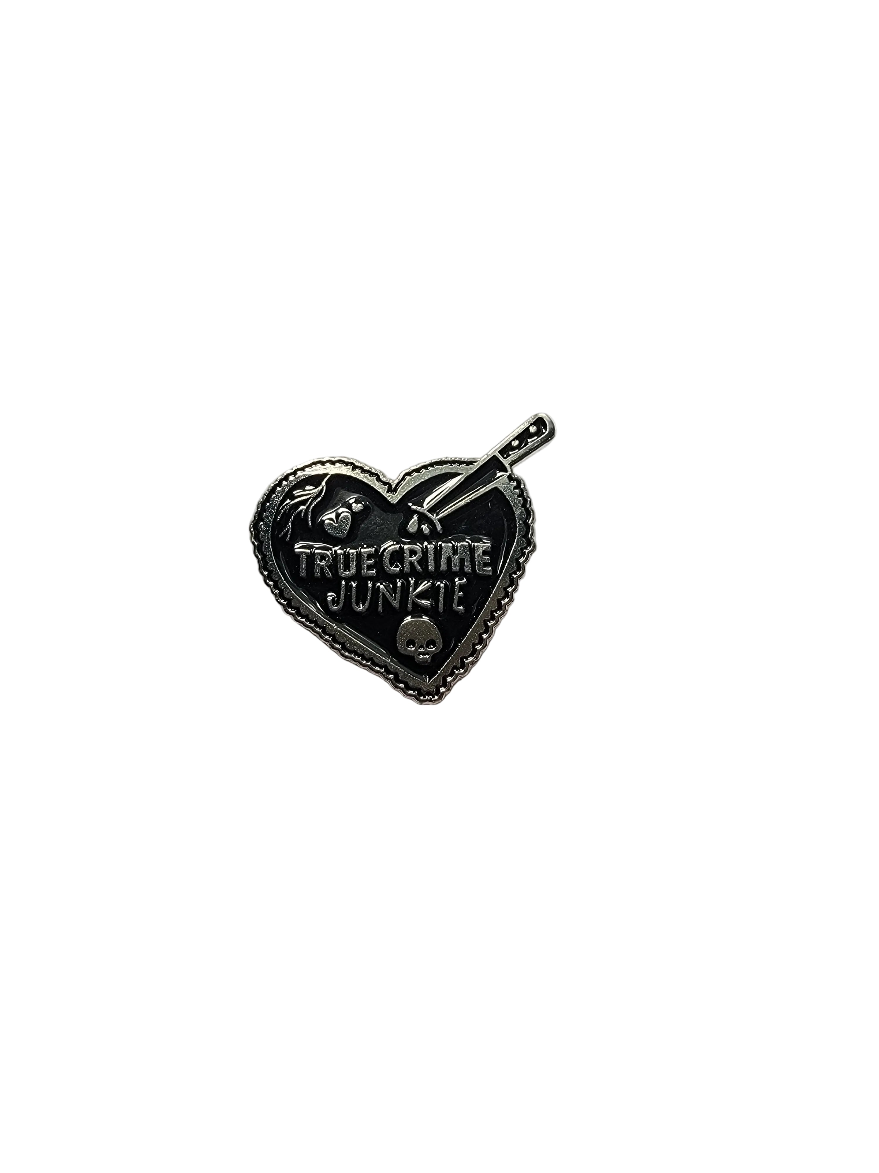 True Crime Junkie Enamel Pin featuring heart design, Witch gift for jackets and bags 