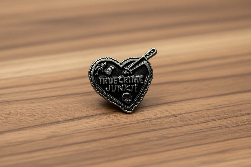True Crime Junkie Enamel Pin on wood background gothic enamel pin with true crime detail