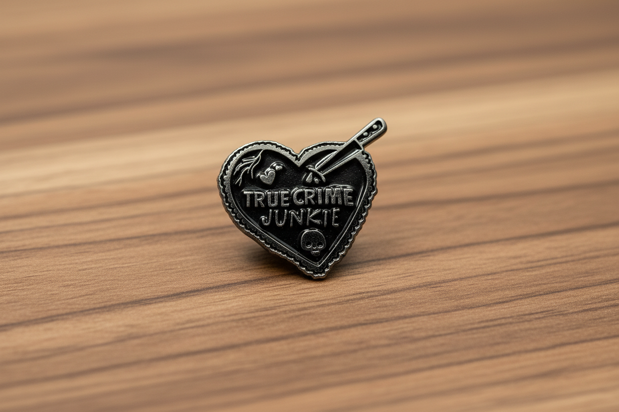 True Crime Junkie Enamel Pin on wood background gothic enamel pin with true crime detail