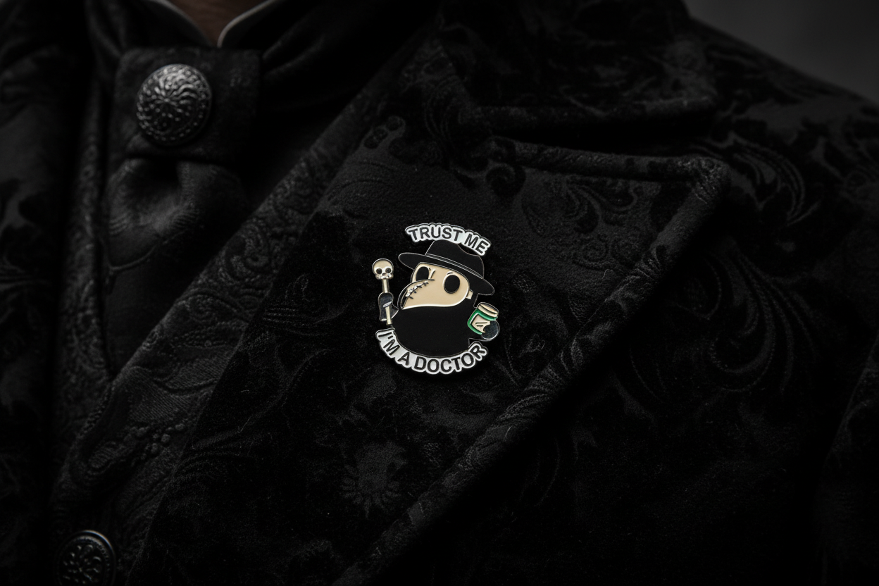 Trust me I'm a doctor enamel pin worn on jacket lapel, goth pin style for everyday wear