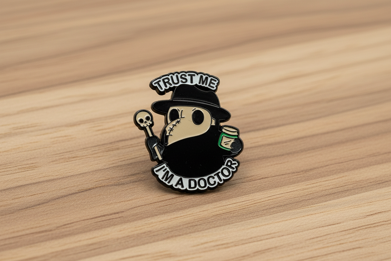 Trust me I'm a doctor enamel pin on wood background goth enamel pin with plague doctor detail