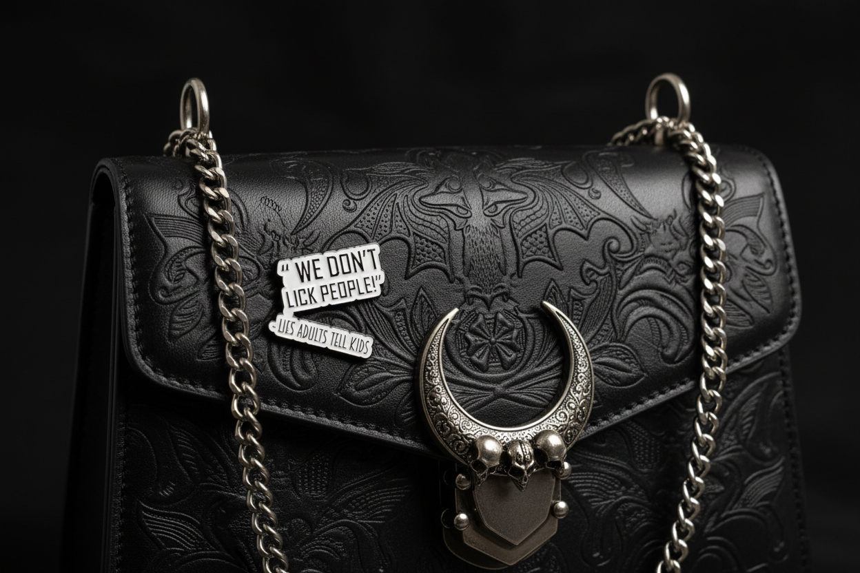 a white enamel pin with black text that says we don't lick people lies adults tell kids on a black purse background