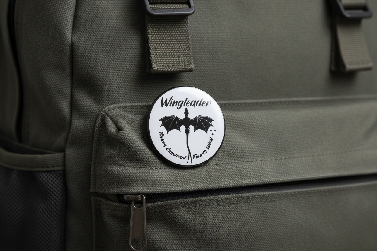 white round pin with black lettering and black dragon on it