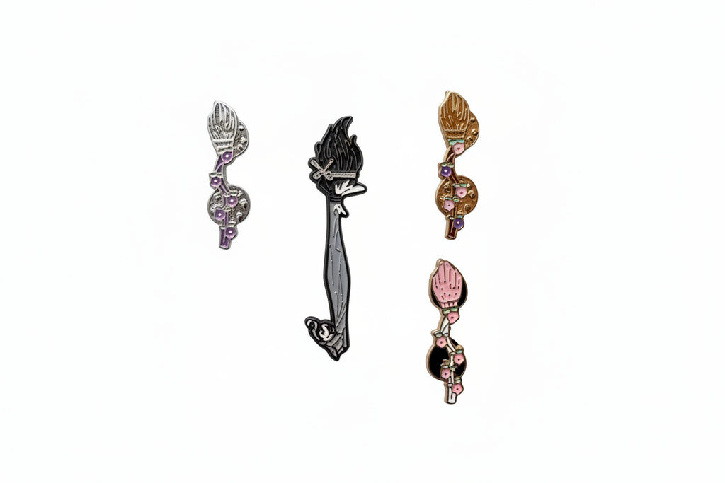 Witch Broom Enamel Pin Collection featuring four different brooms, witchy and Halloween gift for jackets and bags