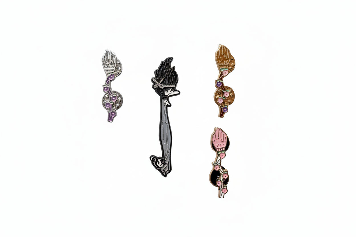 Witch Broom Enamel Pin Collection featuring four different brooms, witchy and Halloween gift for jackets and bags