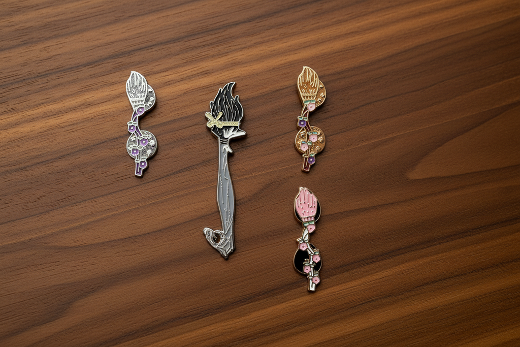 Witch Broom Enamel Pin Collection on wood background cute enamel pin with four broom options