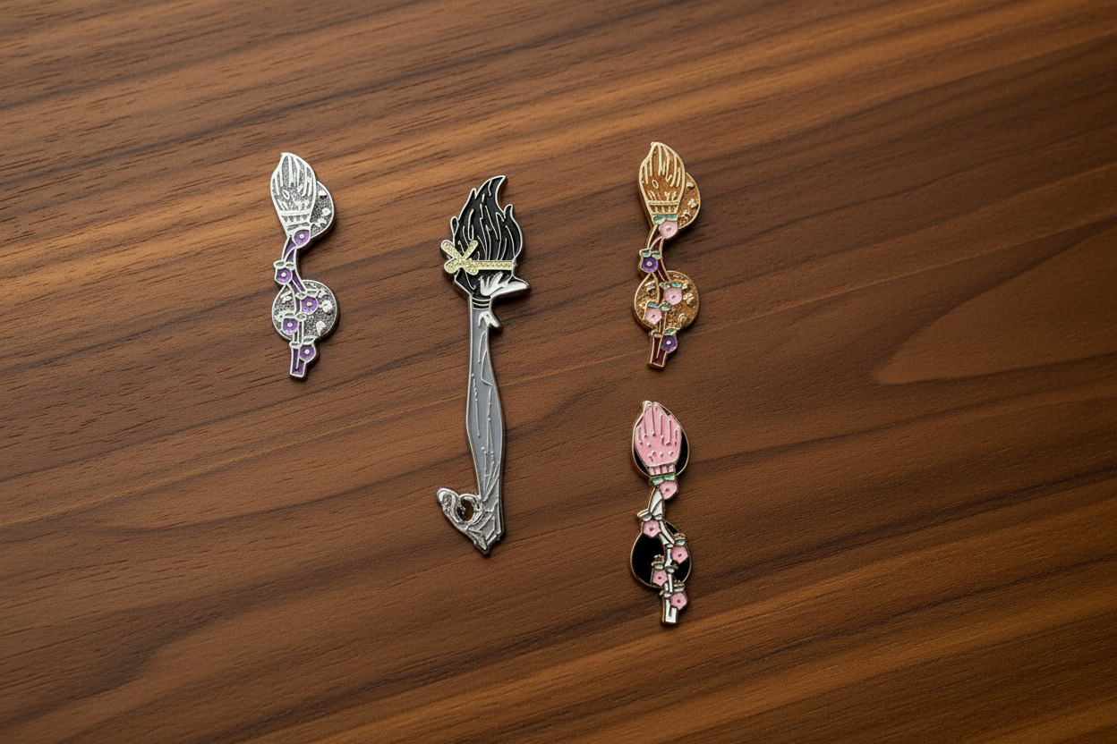 Witch Broom Enamel Pin Collection on wood background cute enamel pin with four broom options