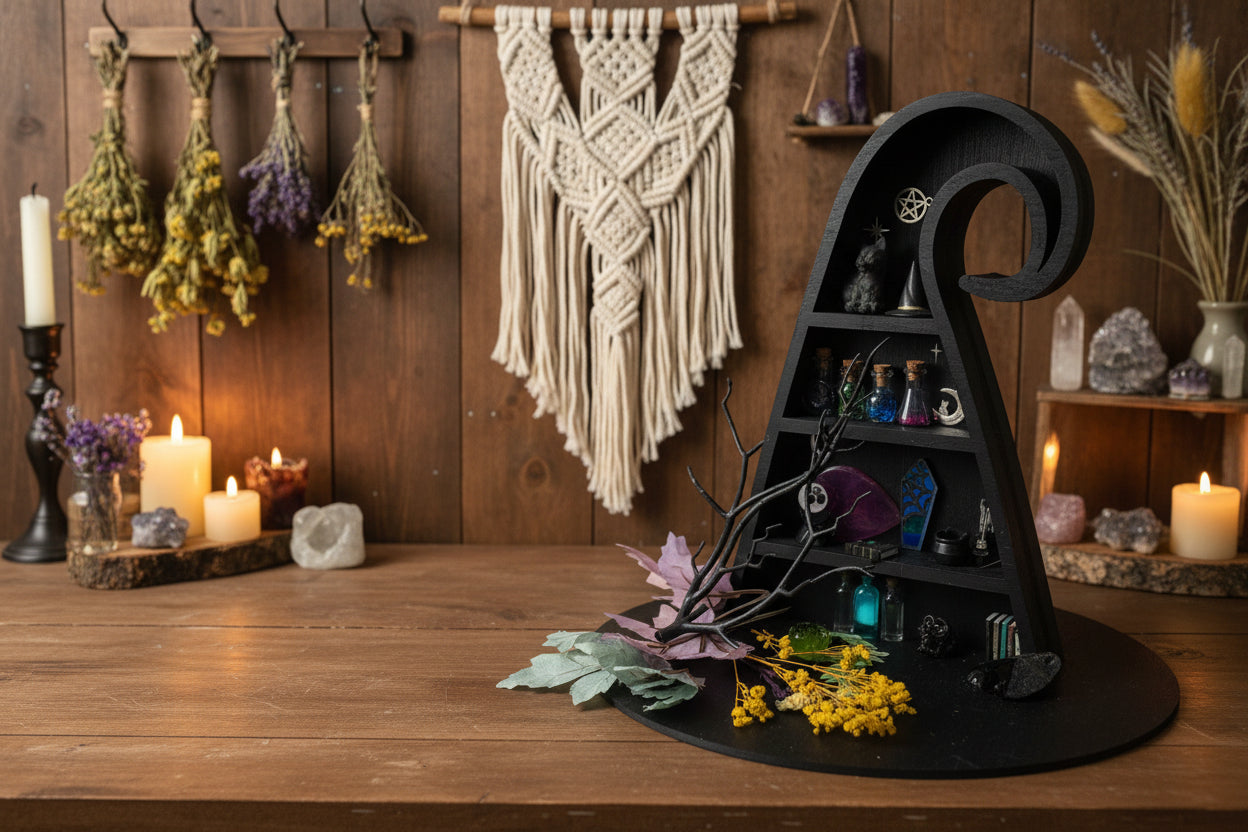 Black witch hat with shelves, decorative items, and flowers on a white background