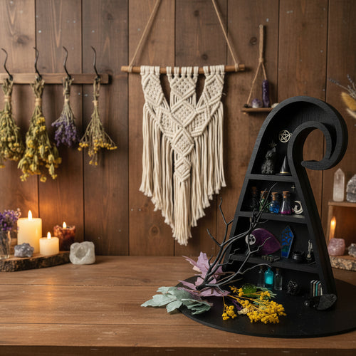Cottage core witch shelf displayed in a cozy room setting with miniature apothecary decor, fairy tale accents, and warm Gothic aesthetic