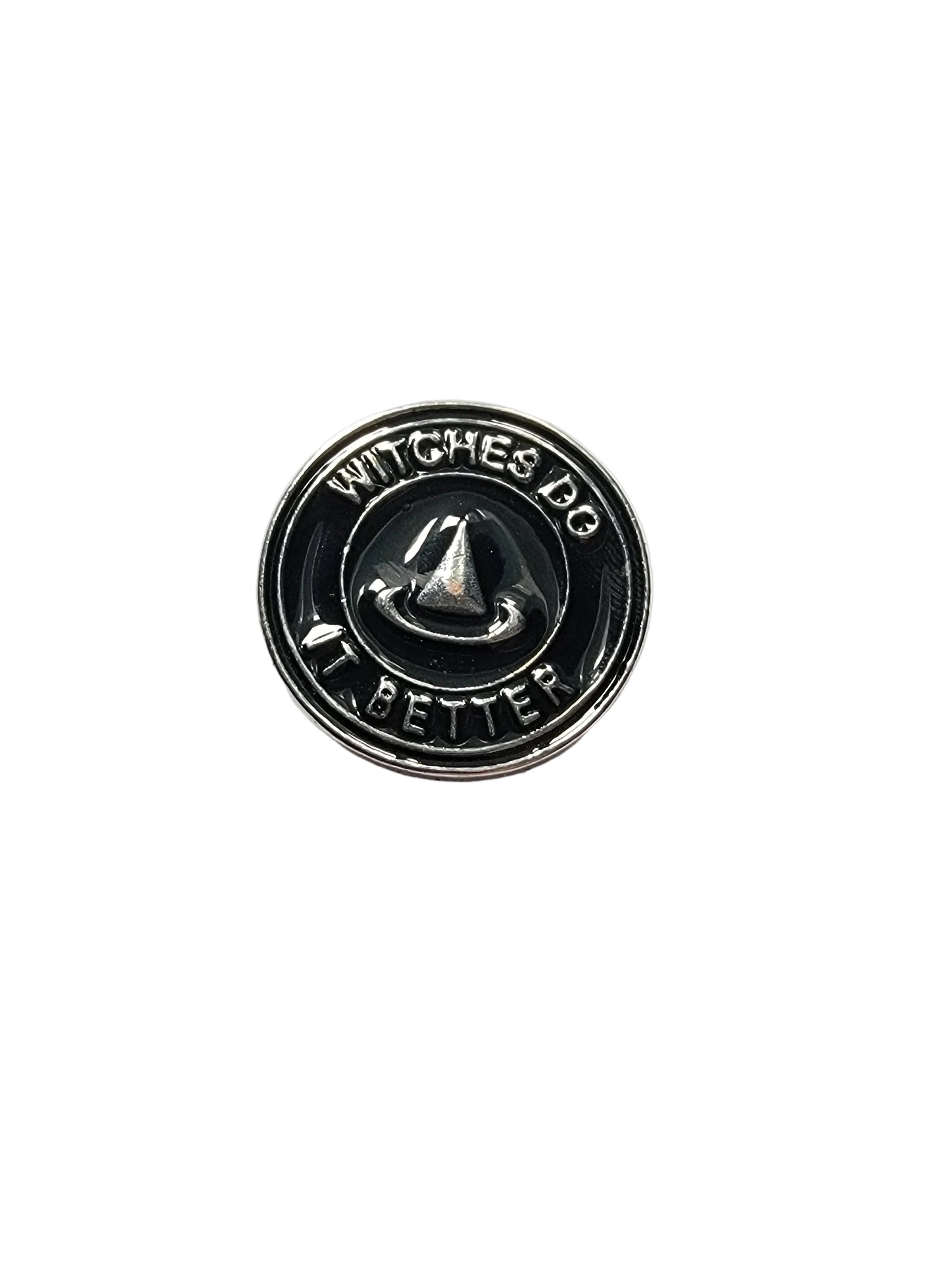 Witches Do It Better Enamel Pin featuring a silver witch hat, witchy gift for jackets and bags 