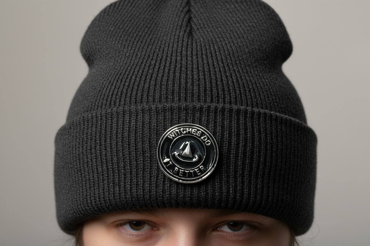 Witches Do It Better Enamel Pin worn on beanie hat alternative enamel pin for casual outfits and street wear