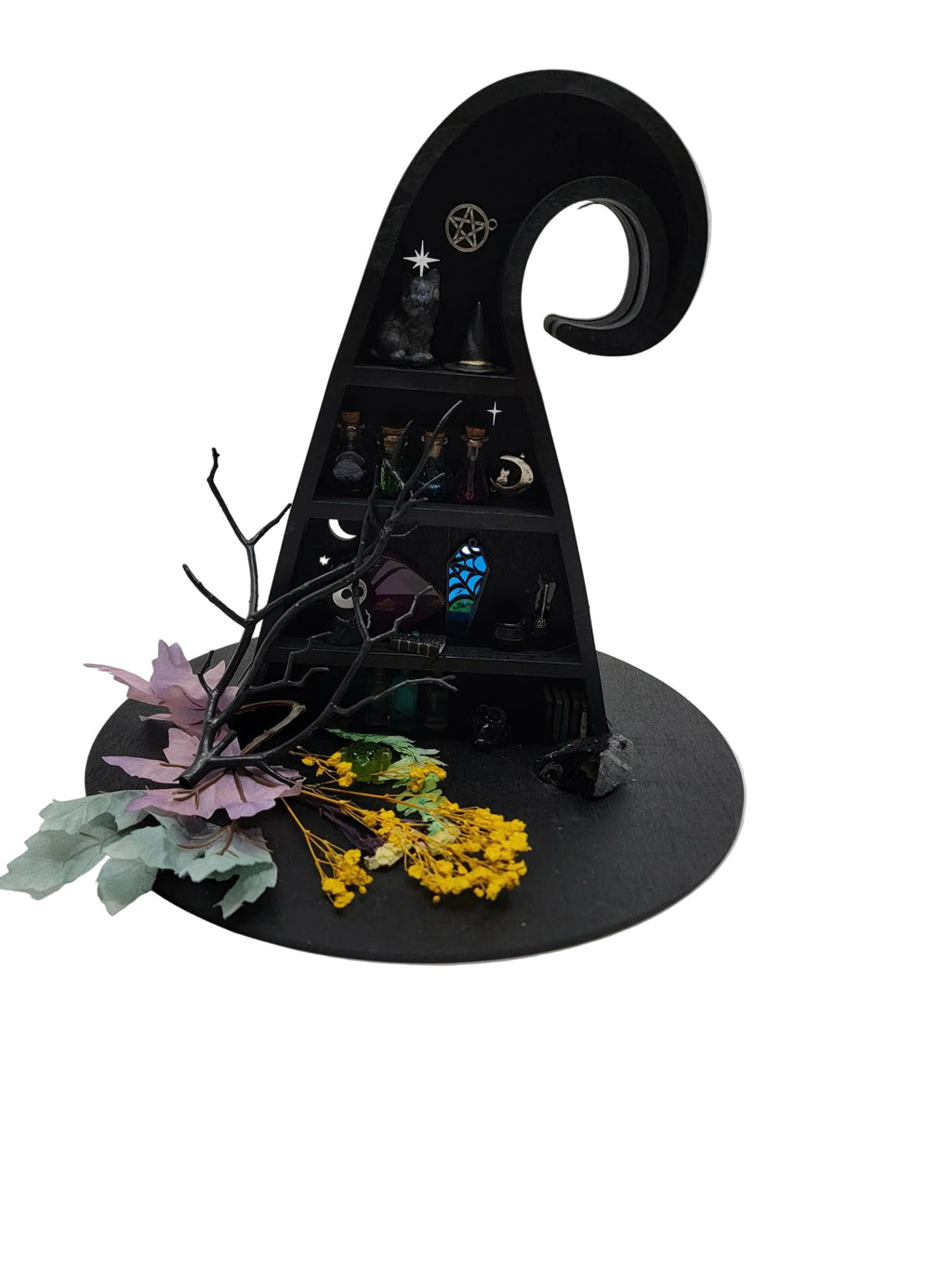 Black Witch Hat Cabinet of Curiosities -  Crystal & Potion Display Shelf - Handmade Gothic Witchy Home Decor
