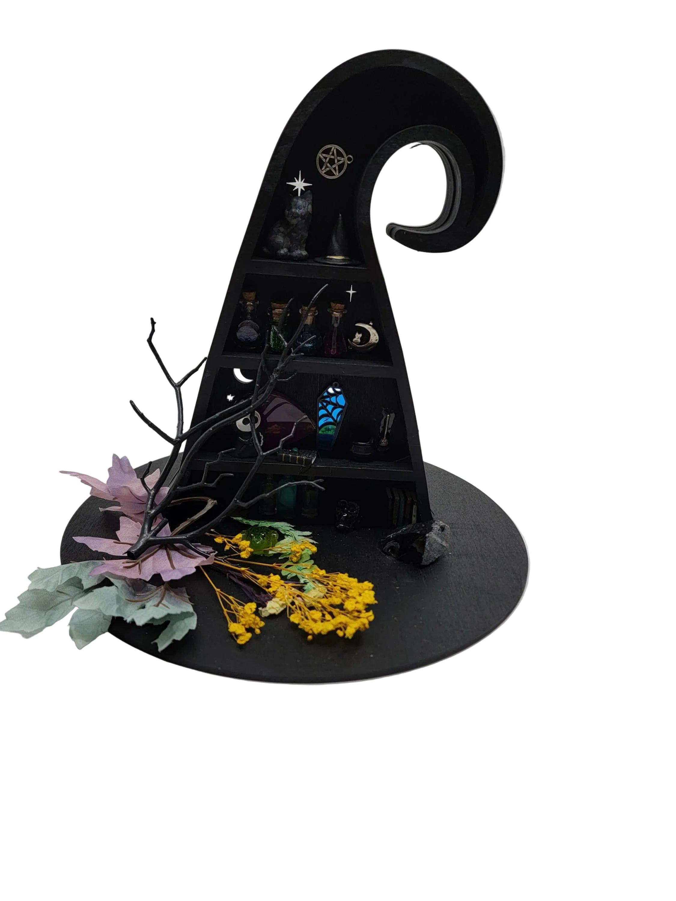 Black Witch Hat Cabinet of Curiosities -  Crystal & Potion Display Shelf - Handmade Gothic Witchy Home Decor