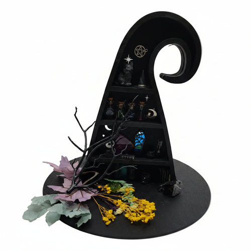 handmade wooden witch shelf filled with miniature décor including potion bottles, books, crystals, candles, and Gothic fantasy details perfect gift for witches