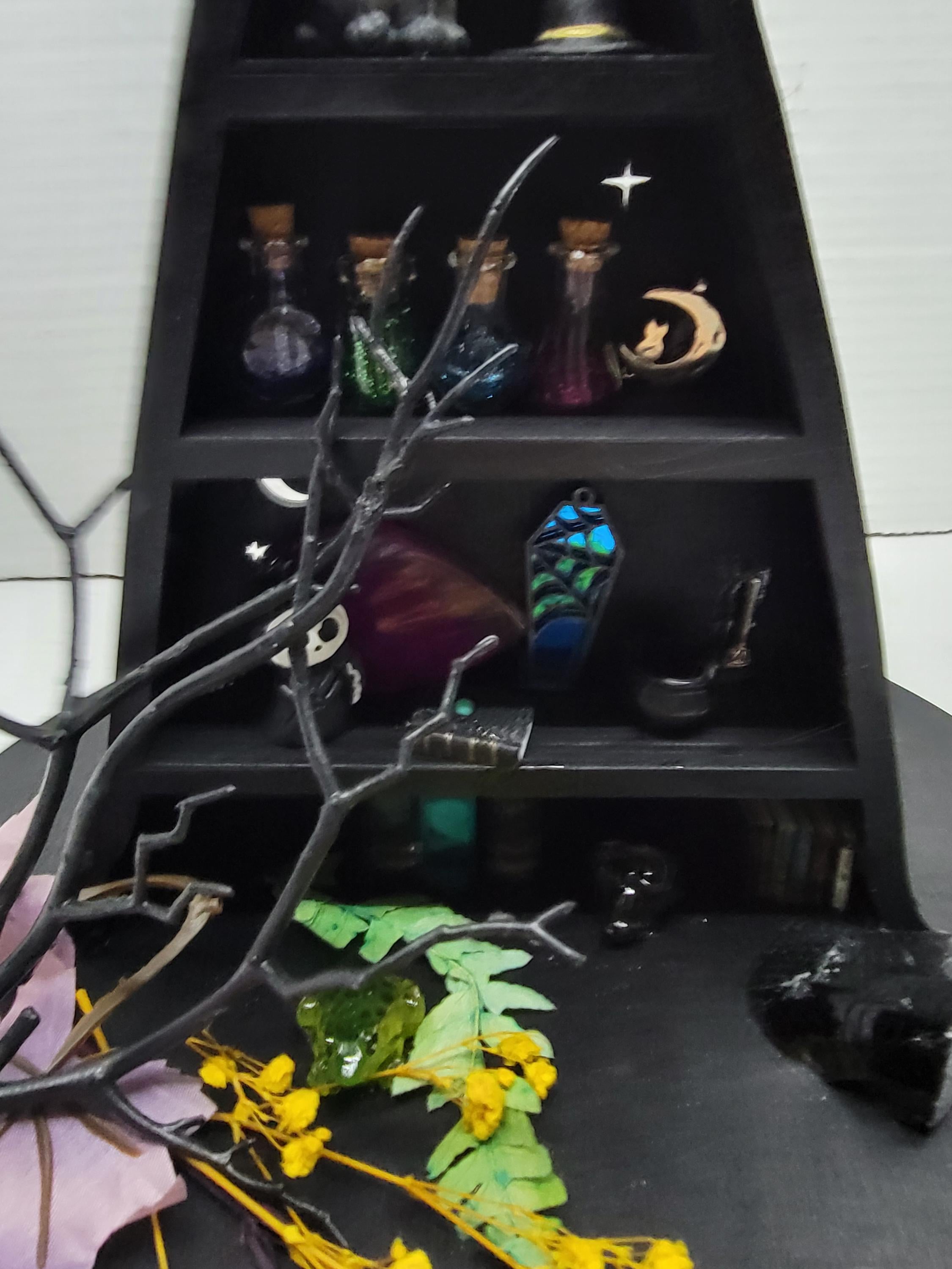 Black Witch Hat Cabinet of Curiosities -  Crystal & Potion Display Shelf - Handmade Gothic Witchy Home Decor