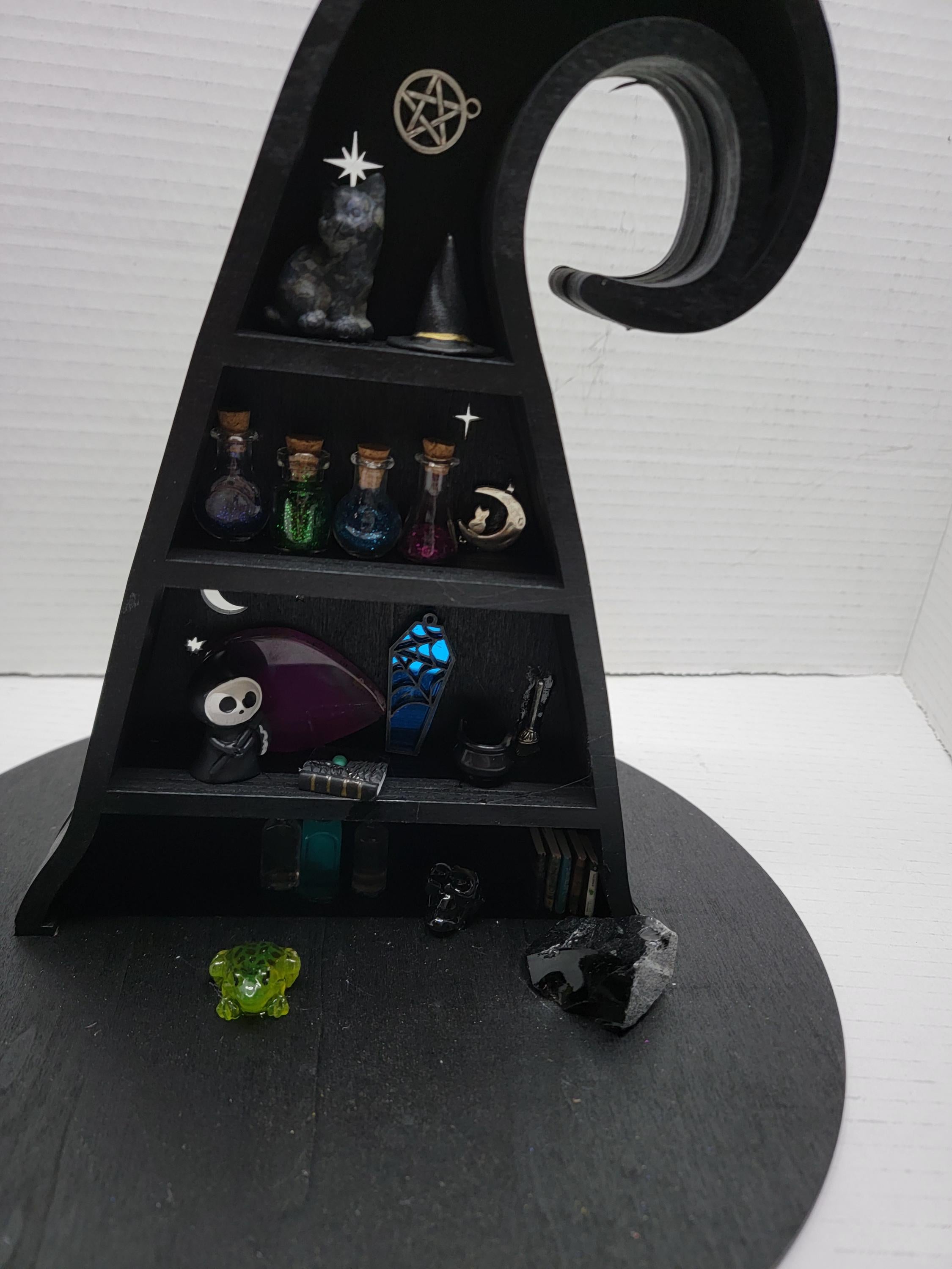 Black Witch Hat Cabinet of Curiosities -  Crystal & Potion Display Shelf - Handmade Gothic Witchy Home Decor