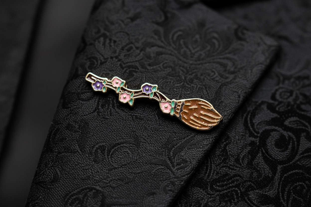 Witchy Broom enamel pin worn on jacket lapel, witchy pin style for everyday wear