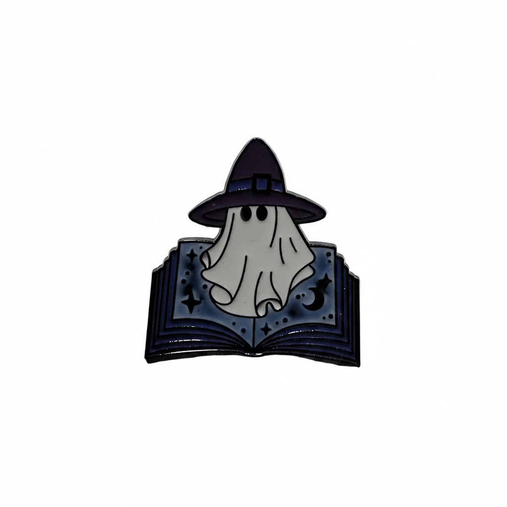 Withy Ghost Enamel Pin featuring a ghost coming out of a spell book, spooky gift for jackets and bags 