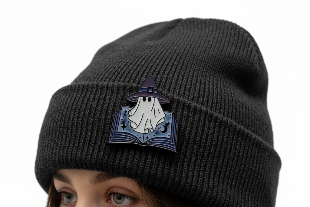 Withy Ghost Enamel Pin worn on beanie hat alternative enamel pin for casual outfits and street wear