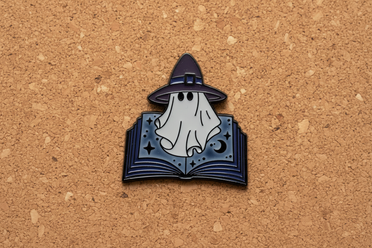 Withy Ghost Enamel Pin displayed on cork board goth enamel pin for collectors and display