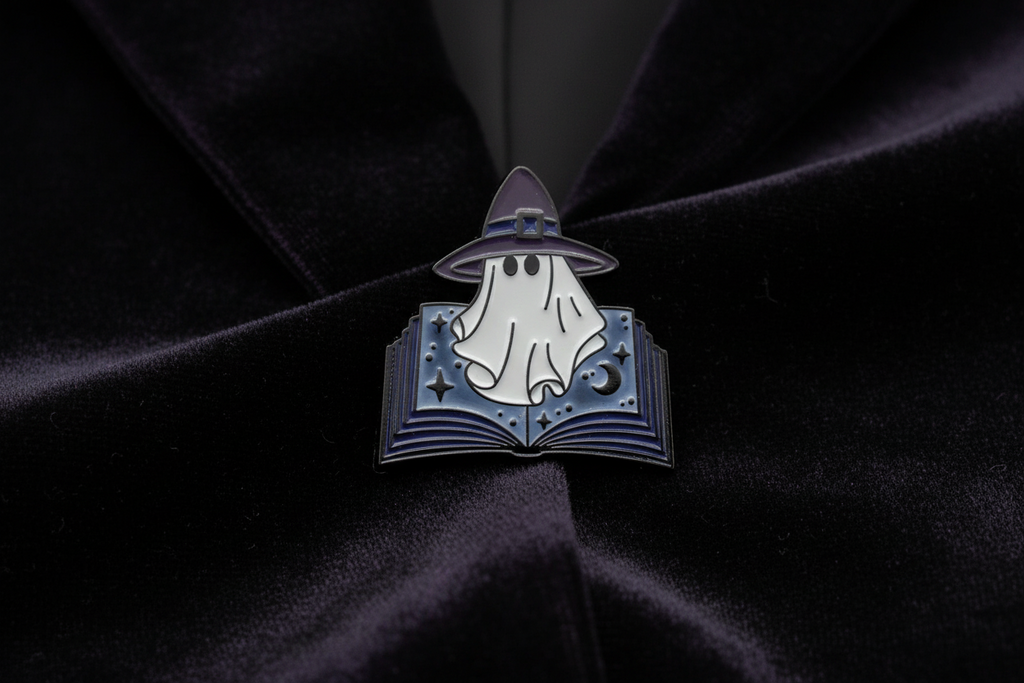 Withy Ghost Enamel Pin worn on jacket lapel, gothic pin style for everyday wear