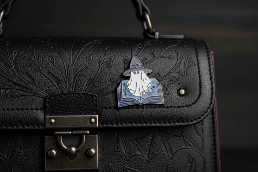 Withy Ghost Enamel Pin attached to purse gothic brooch accessory for bags and personal style