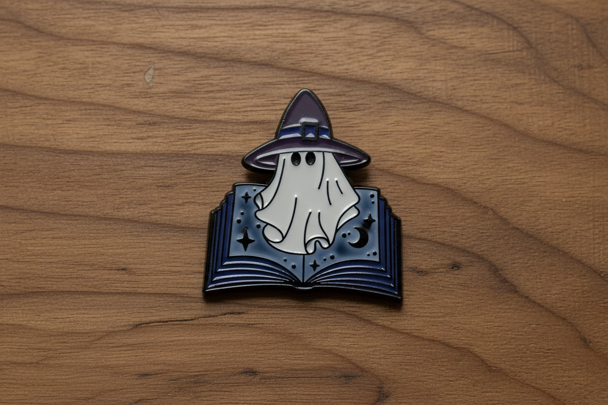 Withy Ghost Enamel Pin on wood background witchy enamel pin with DESIGN detail