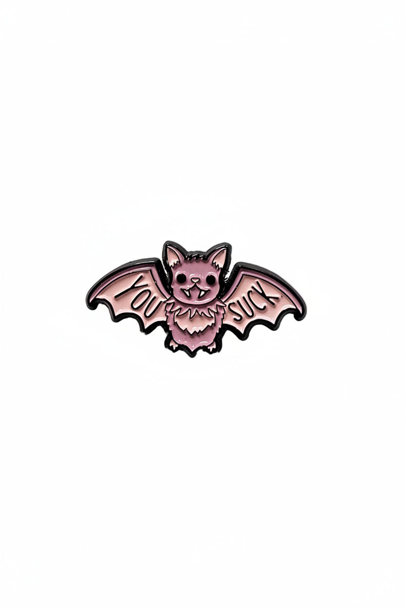 You Suck Enamel Pin featuring cute bat design, gothy gift for jackets and bags 