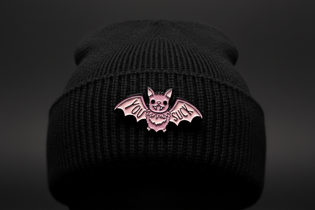 You Suck Enamel Pin worn on beanie hat alternative enamel pin for casual outfits and street wear