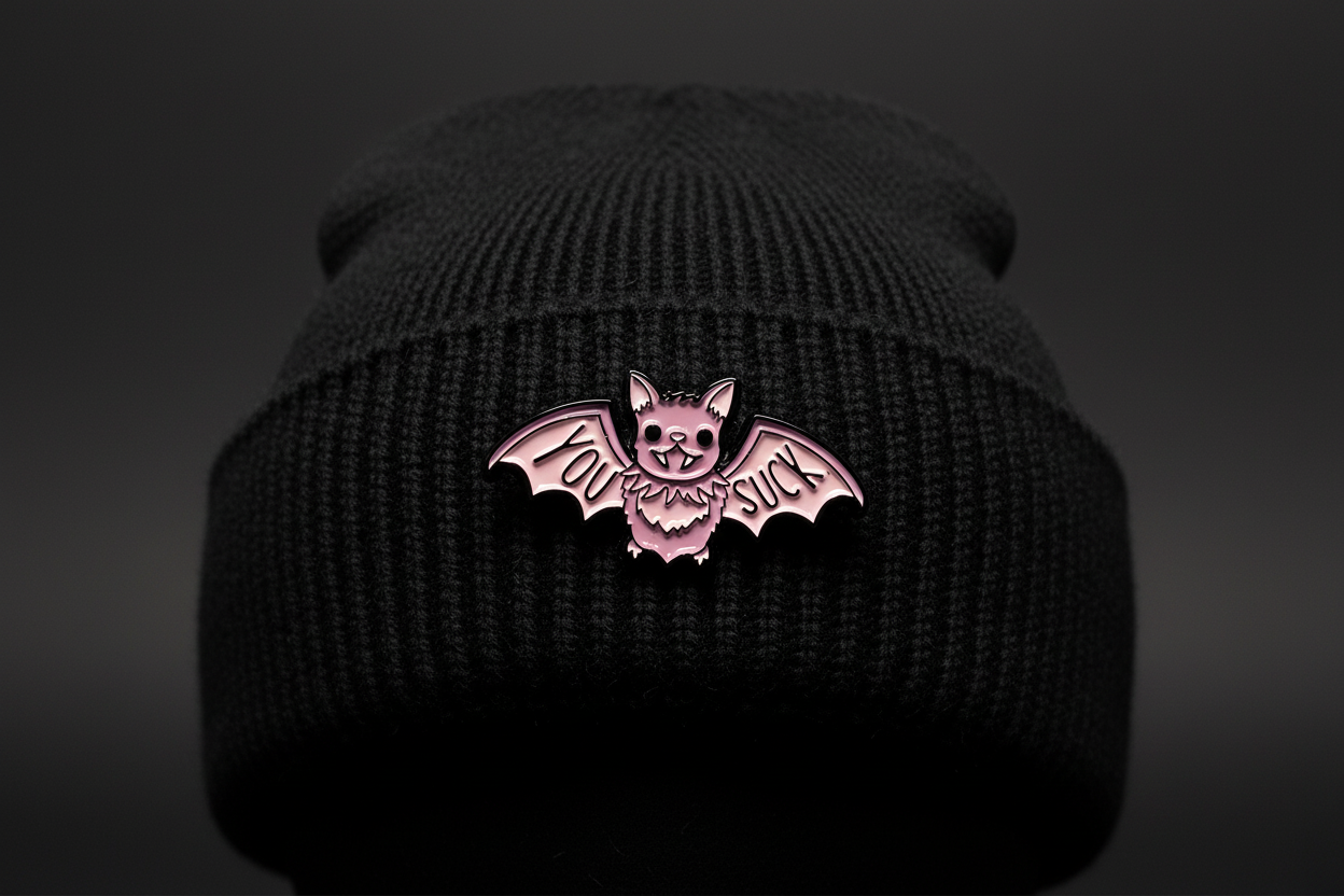 You Suck Enamel Pin worn on beanie hat alternative enamel pin for casual outfits and street wear
