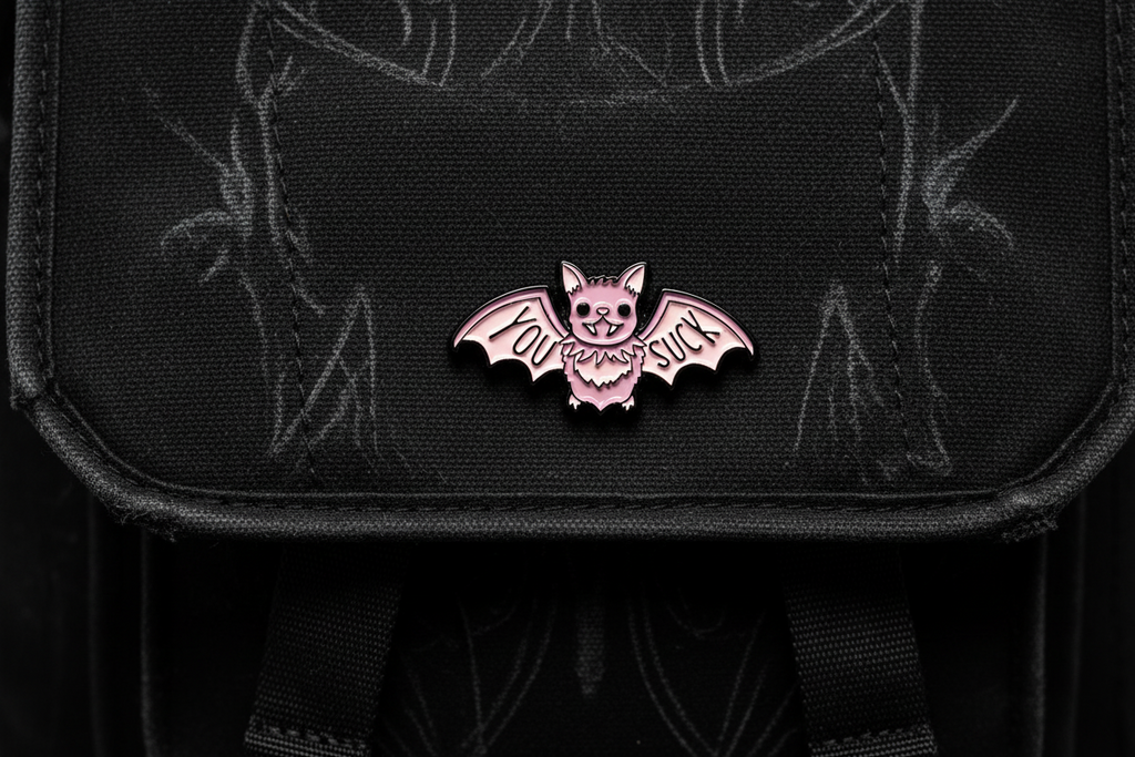 You Suck Enamel Pin on backpack goth accessory for customizing bags and school gear