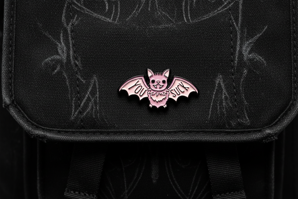 You Suck Enamel Pin on backpack goth accessory for customizing bags and school gear