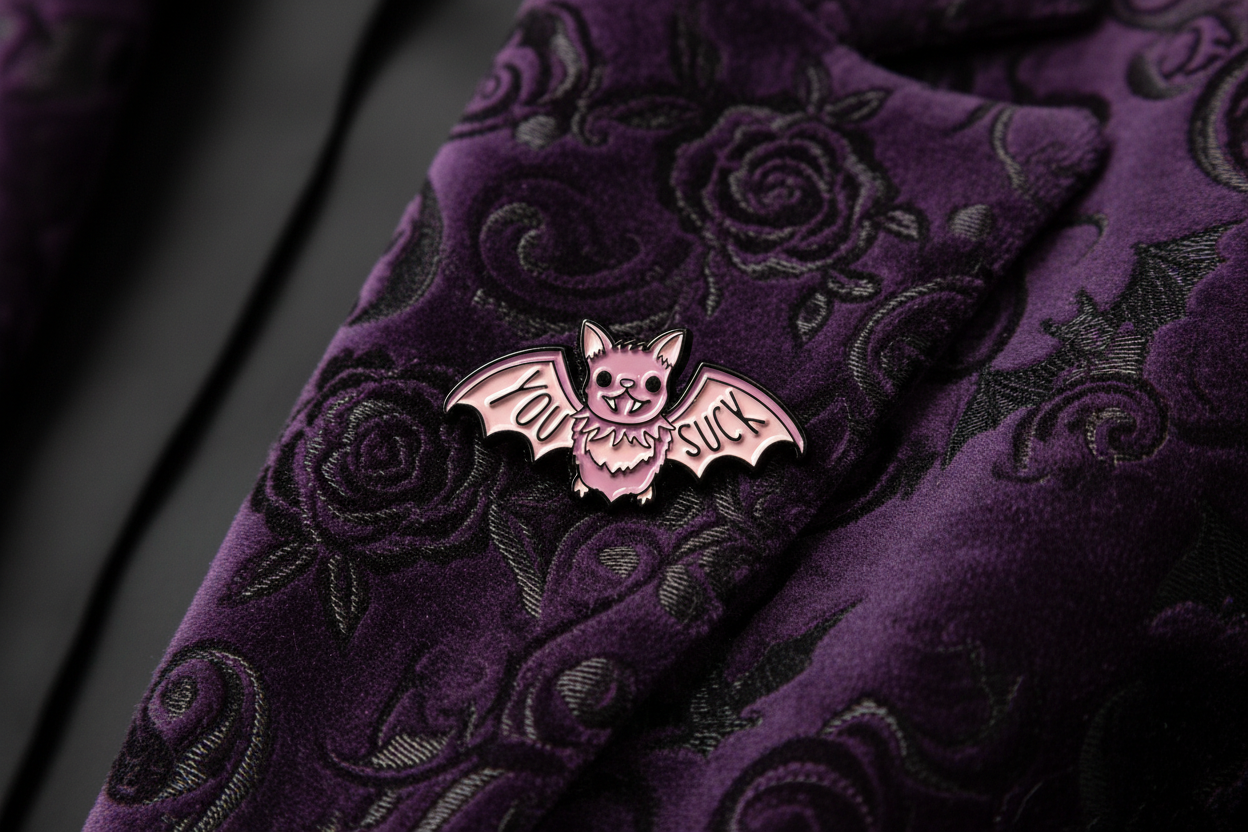You Suck Enamel Pin worn on jacket lapel, witchy pin style for everyday wear