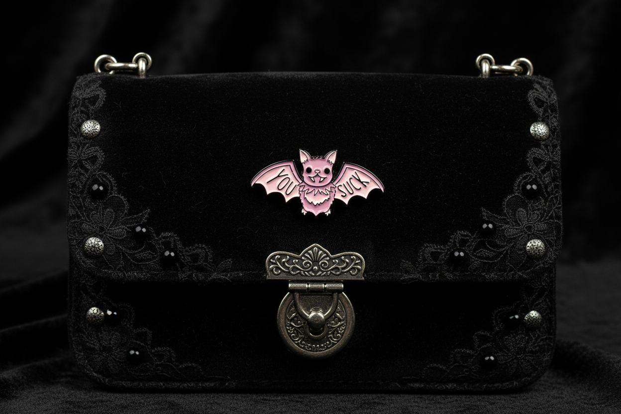 You Suck Enamel Pin attached to purse halloween brooch accessory for bags and personal style