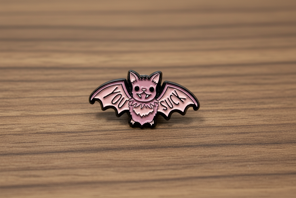 You Suck Enamel Pin on wood background witchy enamel pin with pink bat detail