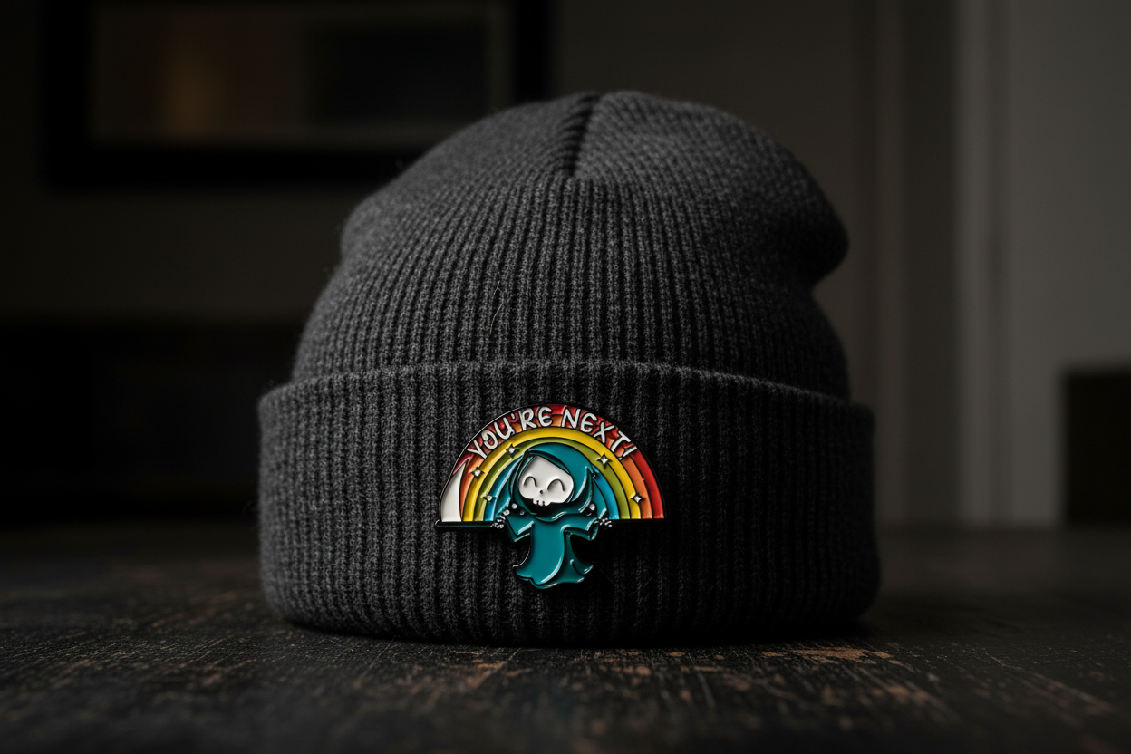 You're Next Enamel Pin worn on beanie hat alternative enamel pin for casual outfits and street wear