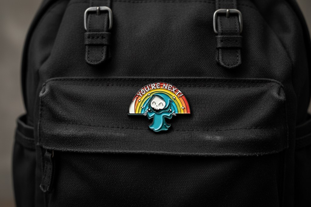You're Next Enamel Pin on backpack funny accessory for customizing bags and school gear