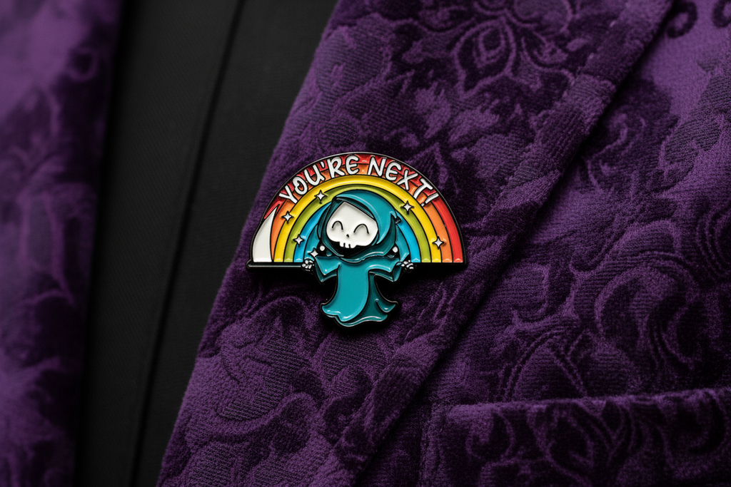 You're Next Enamel Pin worn on jacket lapel, goth pin style for everyday wear