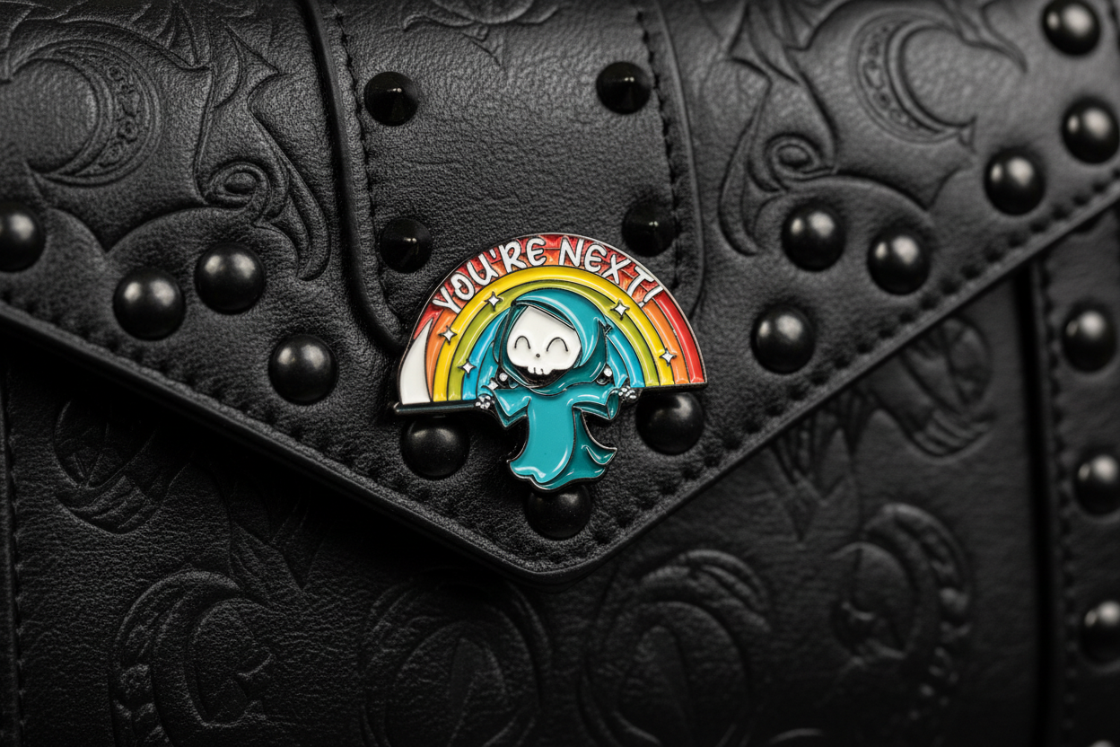 You're Next Enamel Pin attached to purse witchy brooch accessory for bags and personal style