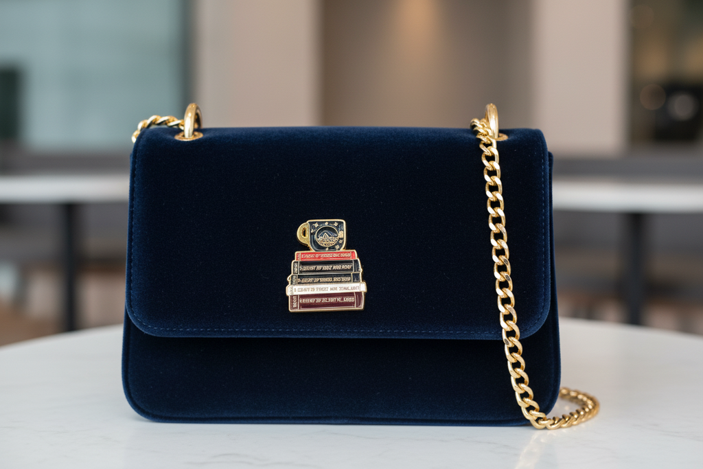 A pin on a blue purse