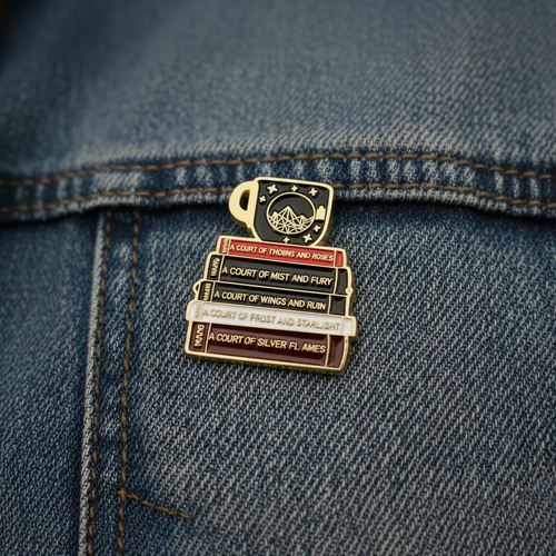 ACOTAR book stack enamel pin worn on denim jacket lapel, bookish pin style for everyday wear