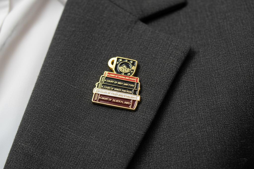 A stack of books on a gray lapel