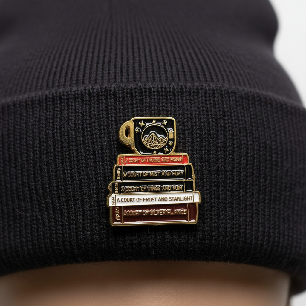 ACOTAR enamel pin worn on beanie hat alternative enamel pin for casual outfits and street wear