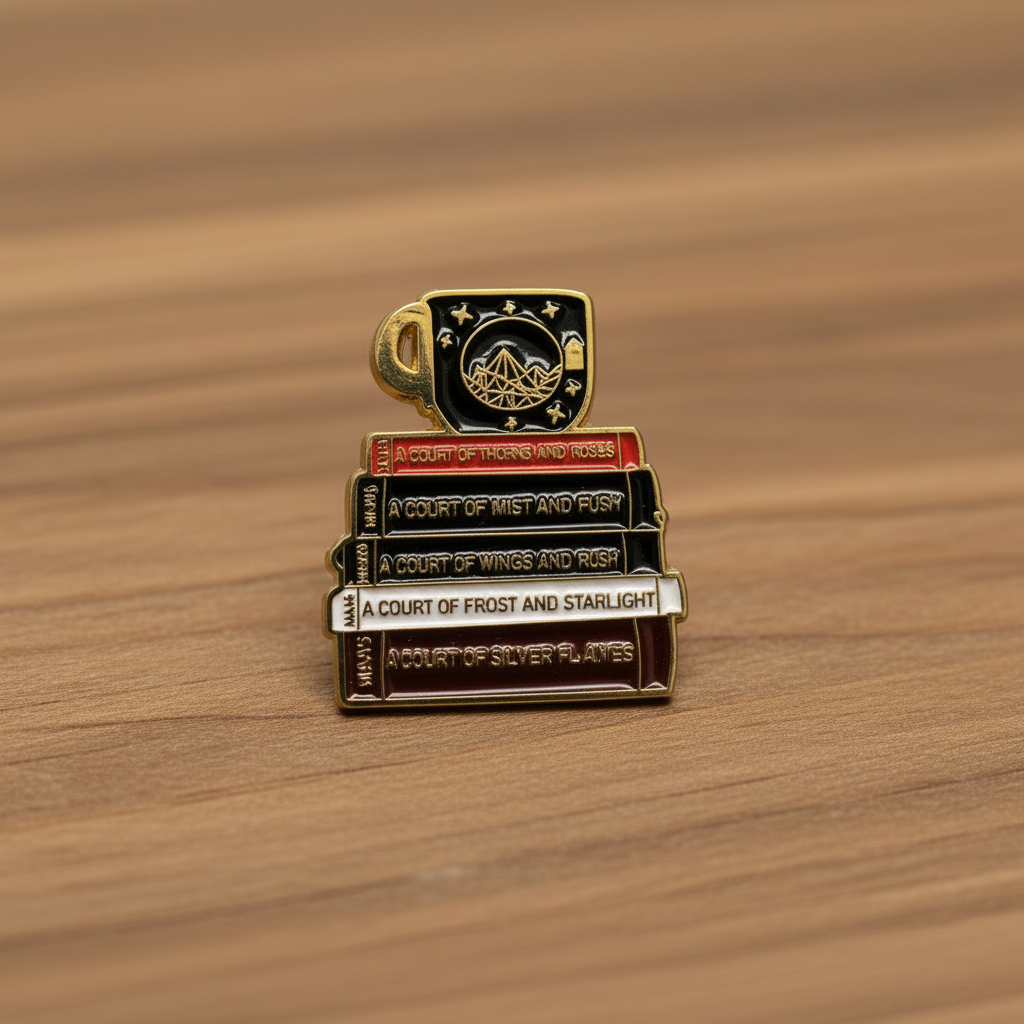 ACOTAR enamel pin on wood background fantasy enamel pin with book stack detail