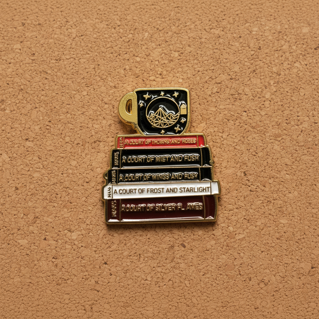 ACOTAR enamel pin displayed on cork board bookish enamel pin for collectors and display