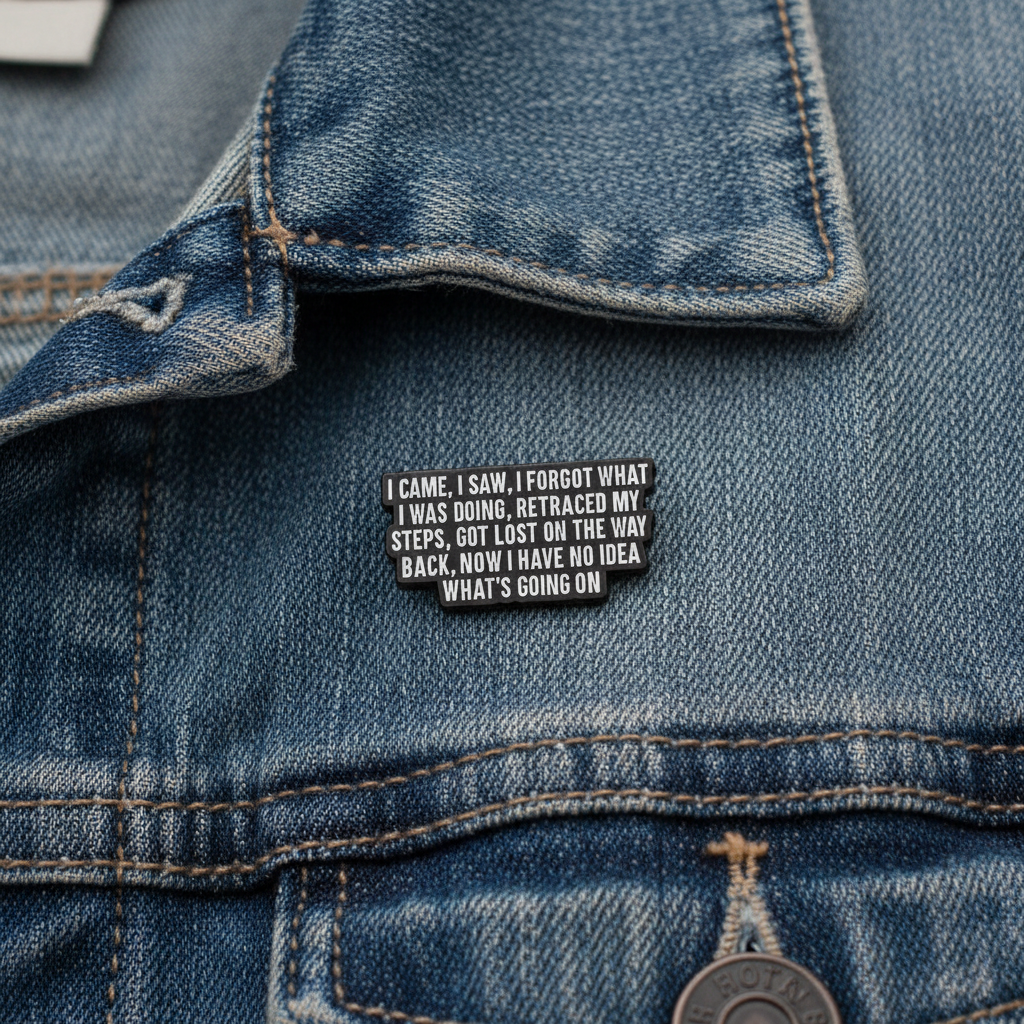 I came I saw, I forgot what i was doing enamel pin  worn on jacket lapel, funny pin style for everyday wear
