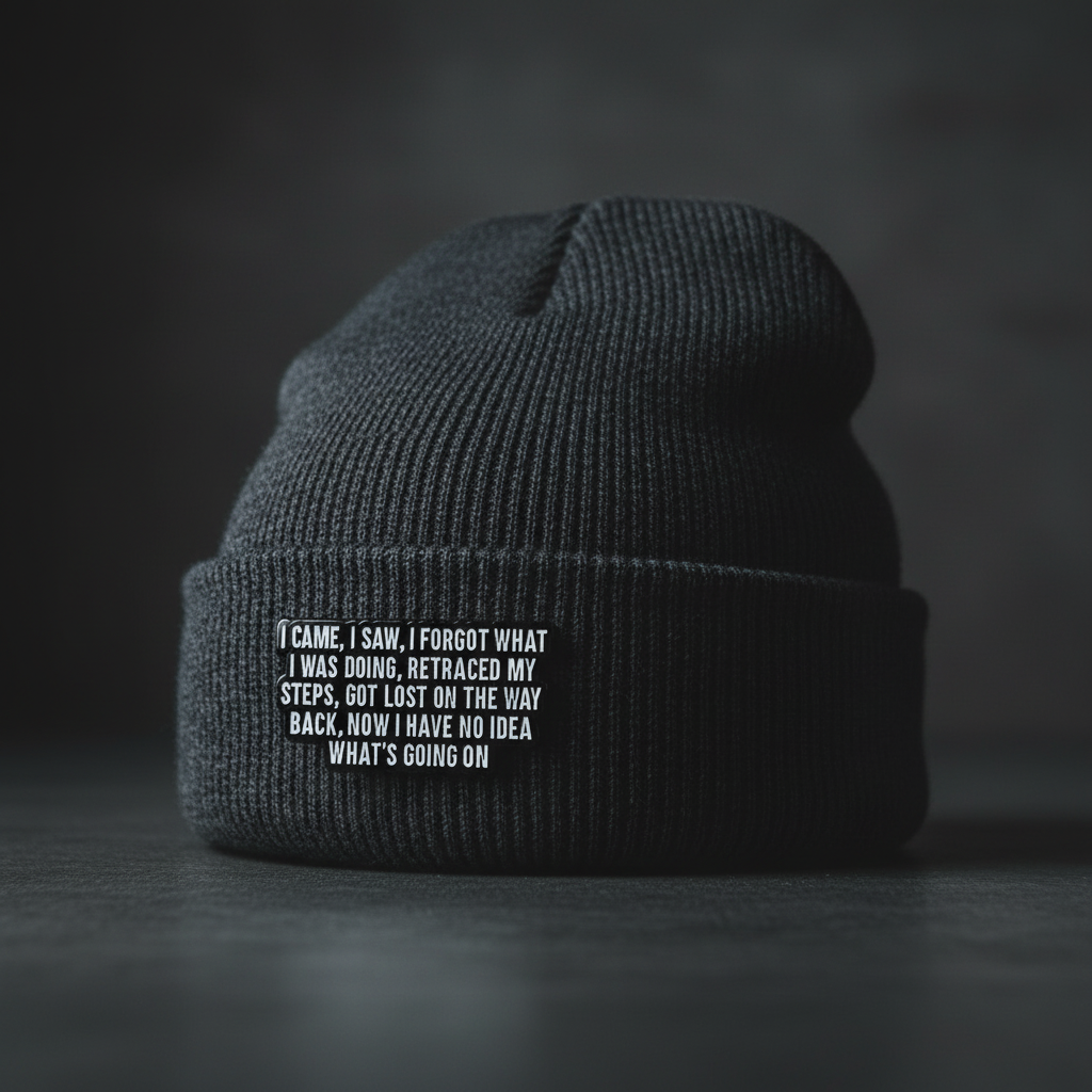 I came, I saw, I forgot what I was doing enamel pin worn on beanie hat alternative enamel pin for casual outfits and street wear